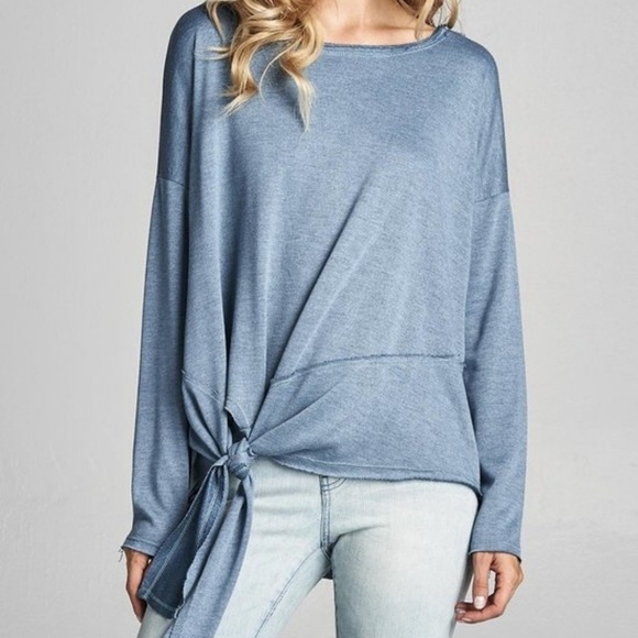 Oversized Drop Sleeve Side Tie Top Blue - Picture 2 of 5